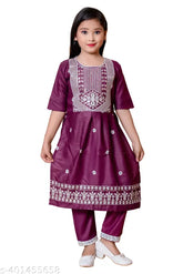 Modern comfy rayon top & bottom sets for kids, embroidered sleeves, three-quarter length, sizes: 2-3yrs, 3-4yrs, etc., Indian fashion wear for girls